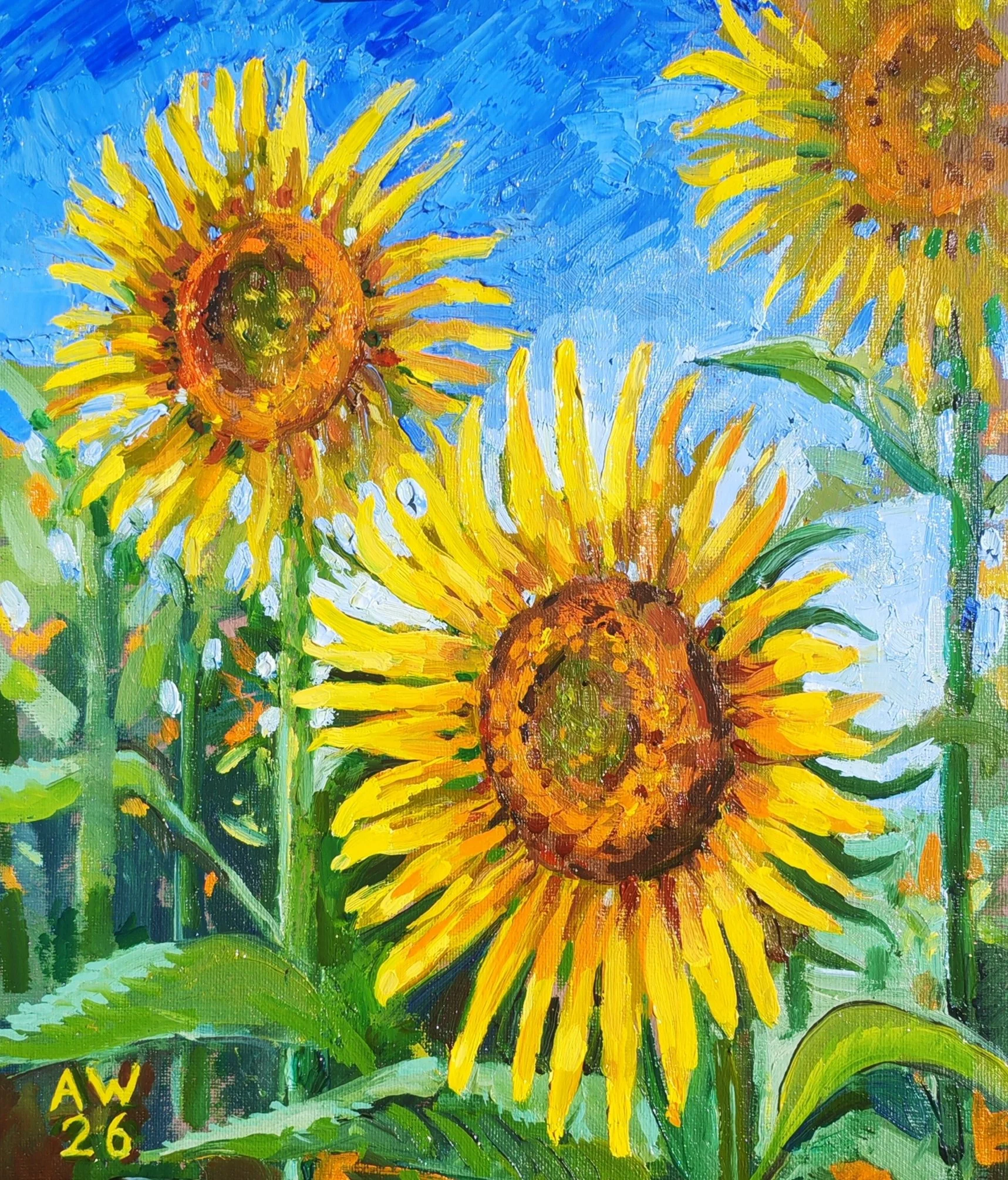 Painting of bright yellow sunflowers with a blue sky background, painted with bold, textured brushstrokes.