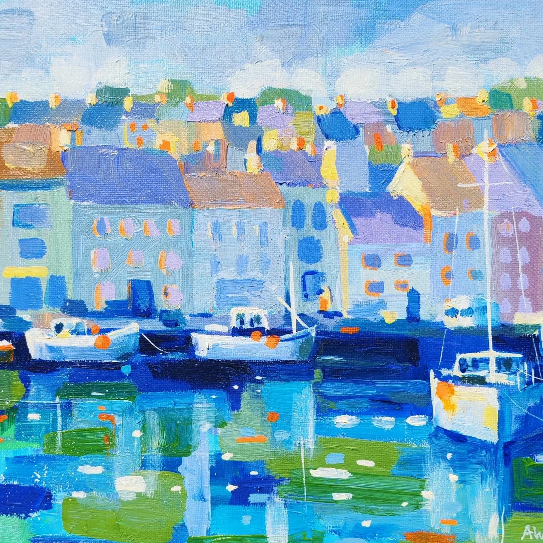 An impressionistic landscape painting featuring a vibrant harbor scene with boats, colorful buildings, and a bright sky.
