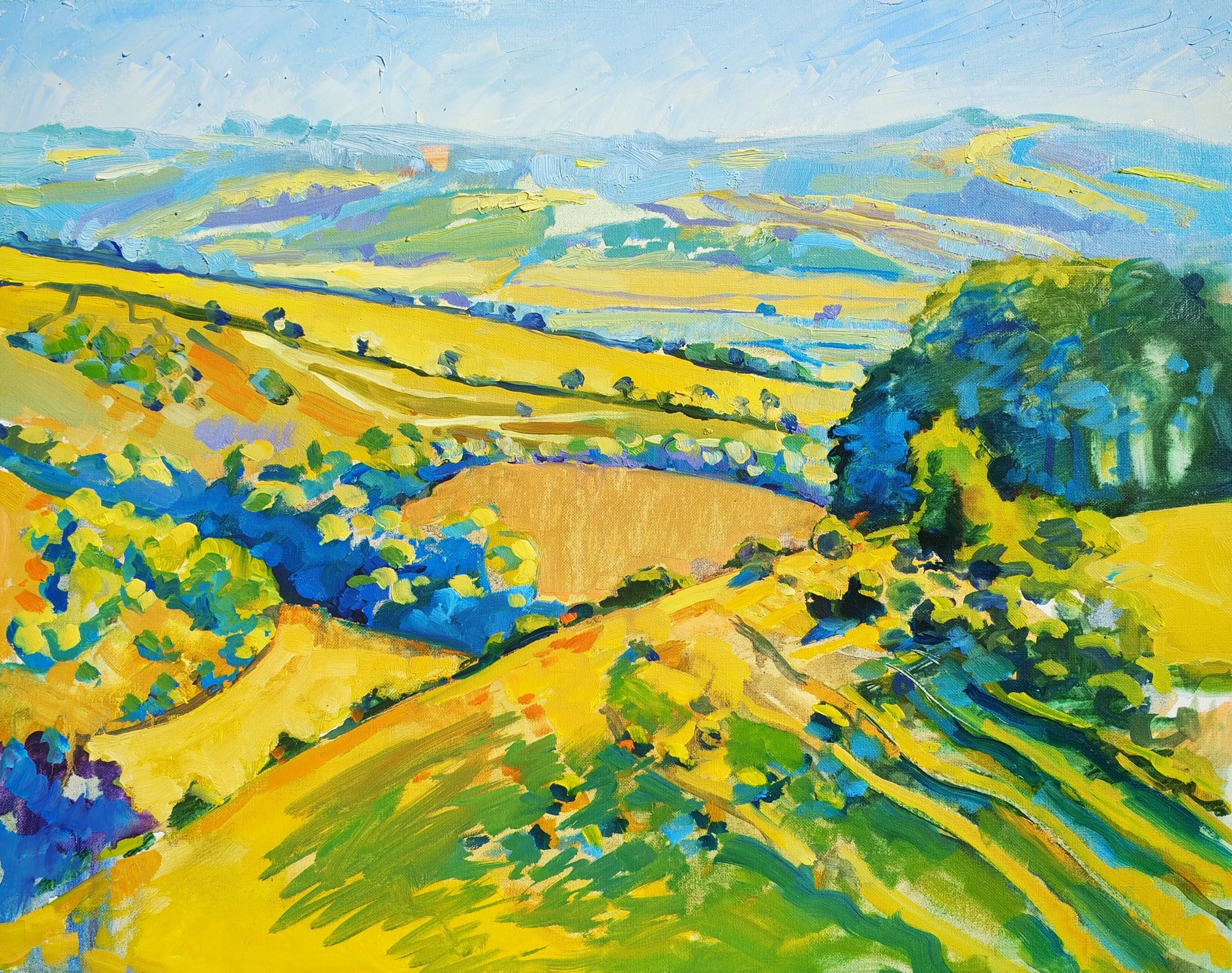 A colorful landscape painting of rolling hills, fields, and trees with bright yellow, green, blue, and purple hues, in an impressionistic style.