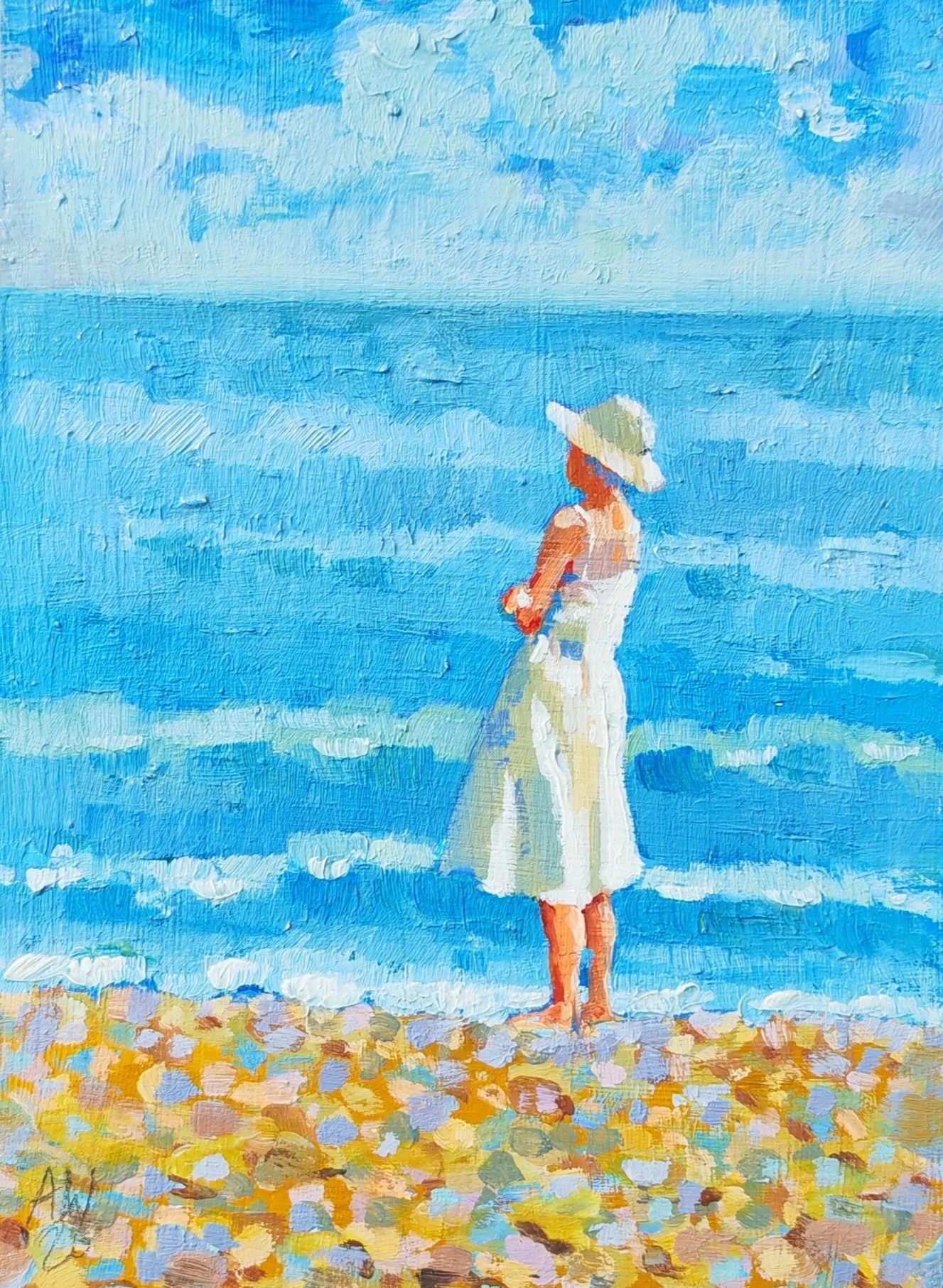 An impressionist-style painting of a woman standing on a beach, wearing a green hat and white dress, looking at the ocean under a partly cloudy sky.