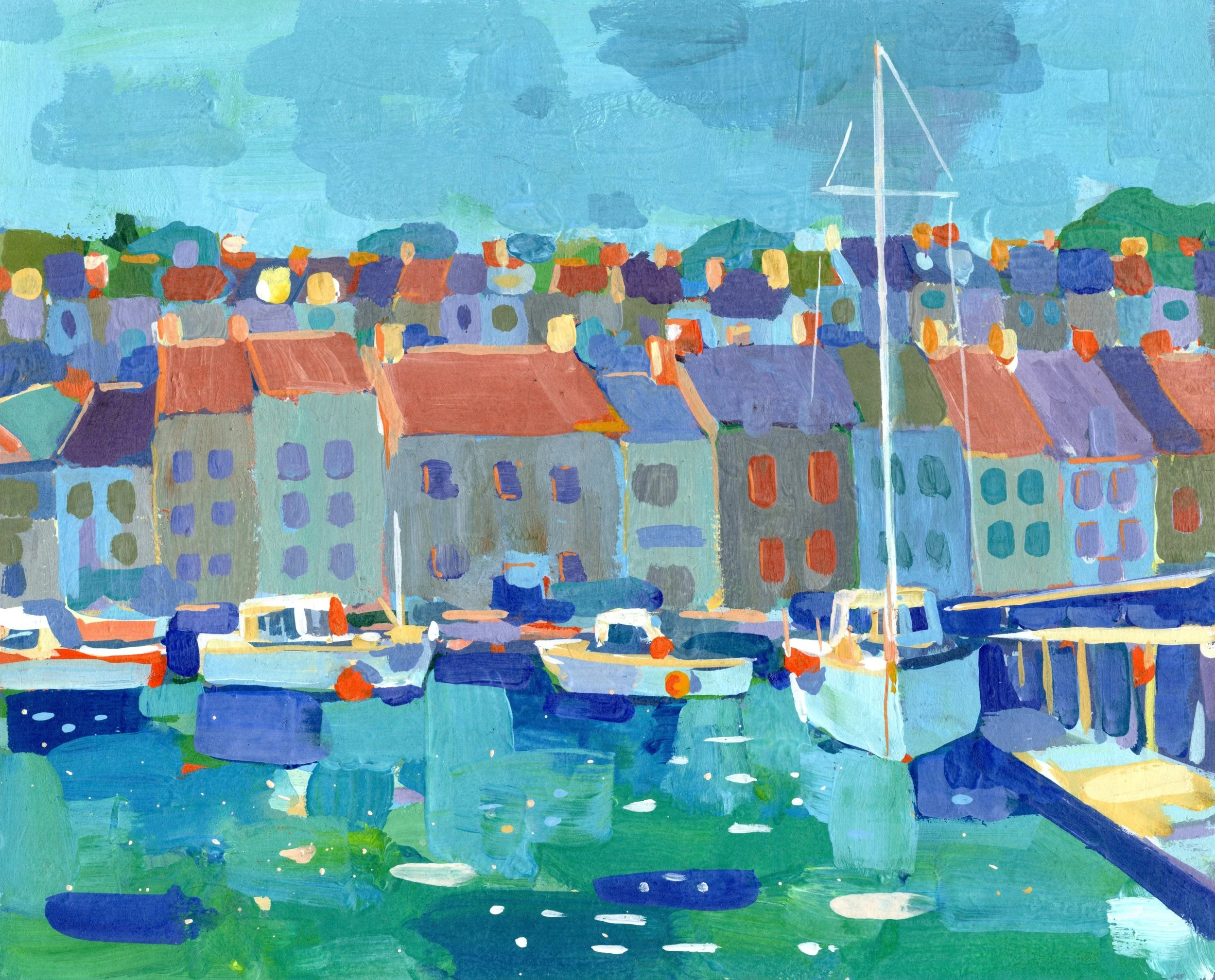 A colorful, abstract painting of rooftops, buildings, a water body, and a sky with clouds, created with broad brushstrokes and vibrant colors.