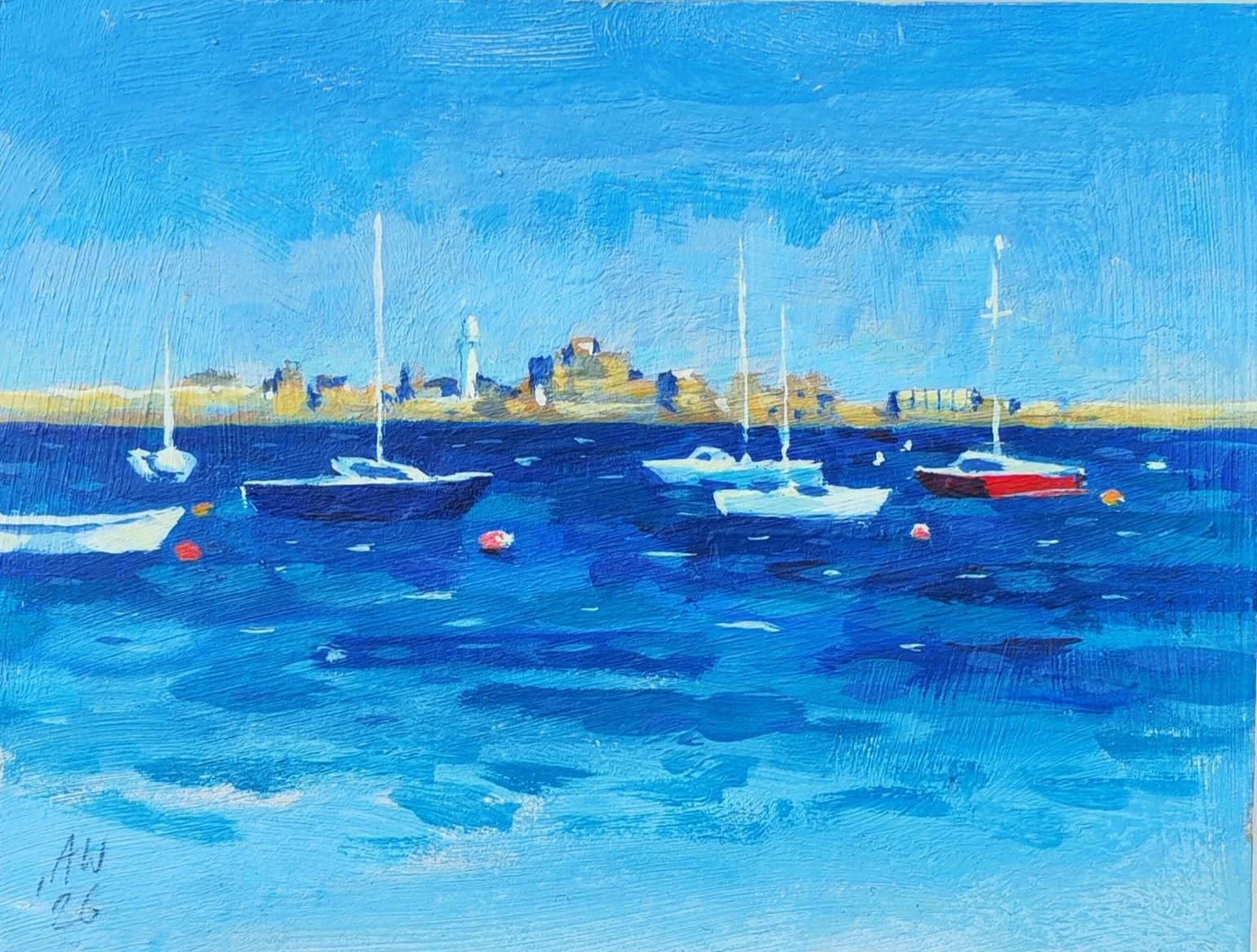 An Impressionist painting of boats on a calm blue harbor with Portland Harbour in the background under a blue sky.