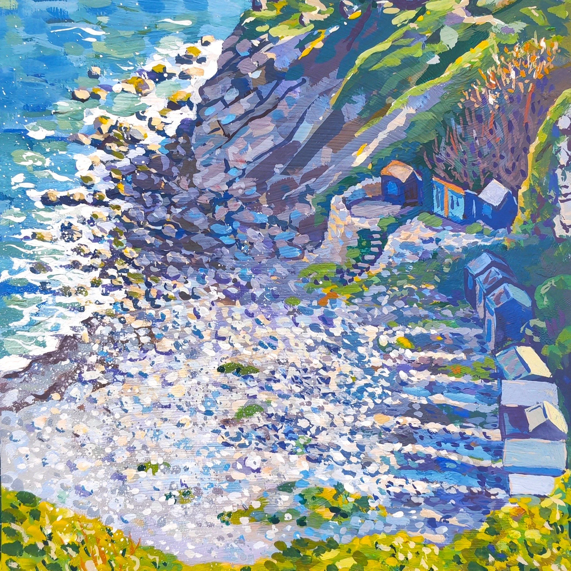 Colorful painting of the rocky shoreline of Church Ope Cove with water, plants, and a beach huts.