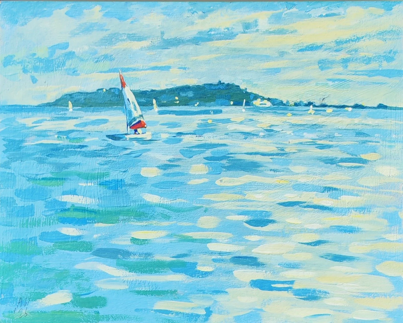 A casein painting of a sailboat on a blue body of water with a the Isle of Portland and sailboats in the background under a partly cloudy sky.