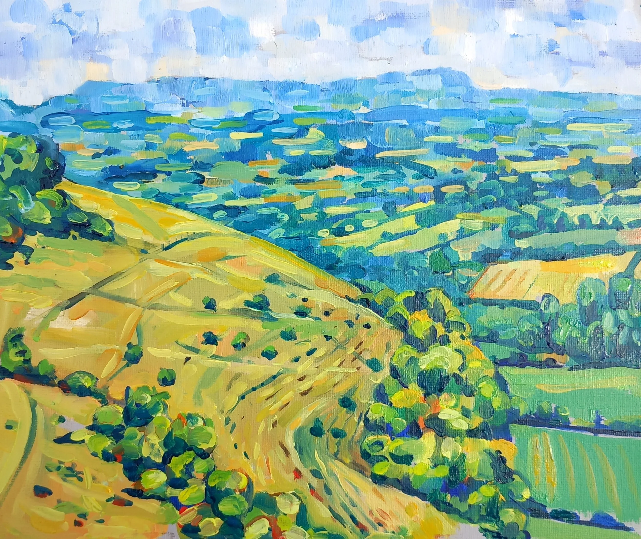 Impressionist painting of a landscape with blue water, green trees, and a yellow field in the foreground.