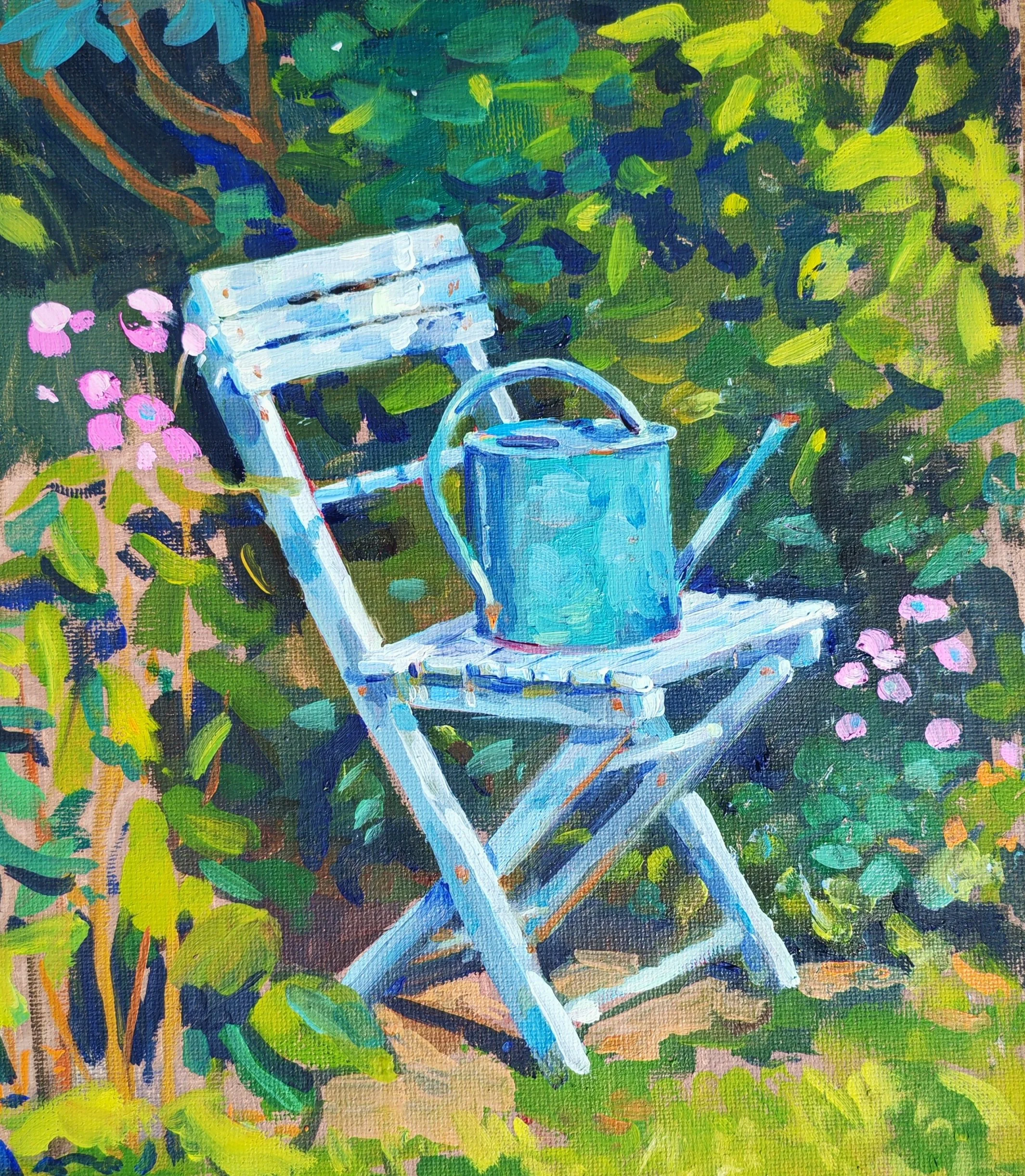 A painting of a garden scene with a white garden bench, a blue watering can, and various green plants and pink flowers.