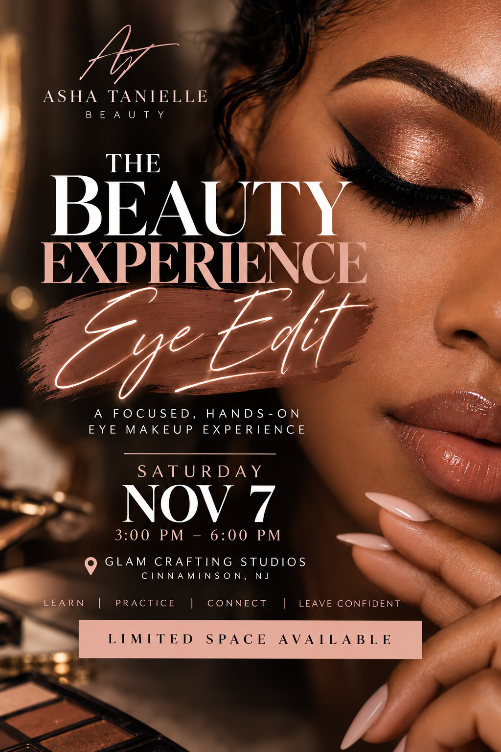 The Beauty Experience: Eye Edit flyer — November 7, 2026, 3–6 PM, limited space available