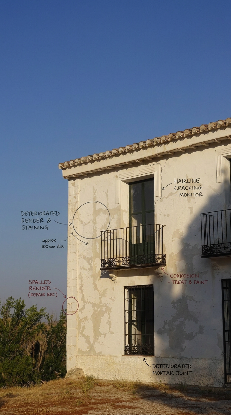An exterior view of a building showing various signs of deterioration. Labels indicate a hairline cracking monitor, deteriorated render and staining with a diameter of about 100mm, spalled render that needs repair, corrosion present on a balcony with paint treatment, and a deteriorated mortar joint on a wall.