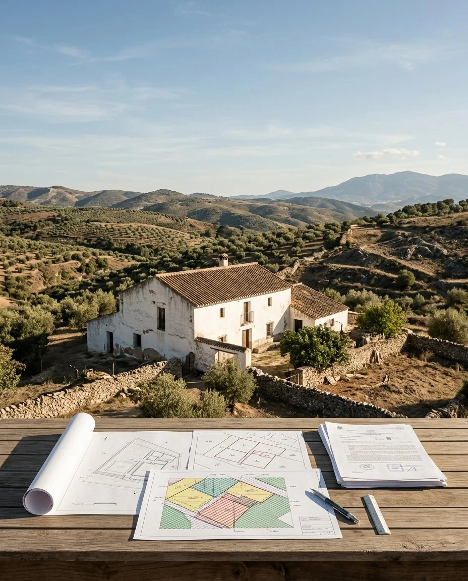 Blueprints and architectural plans on a wooden table overlooking a rural landscape with white house, rolling hills, and mountains.