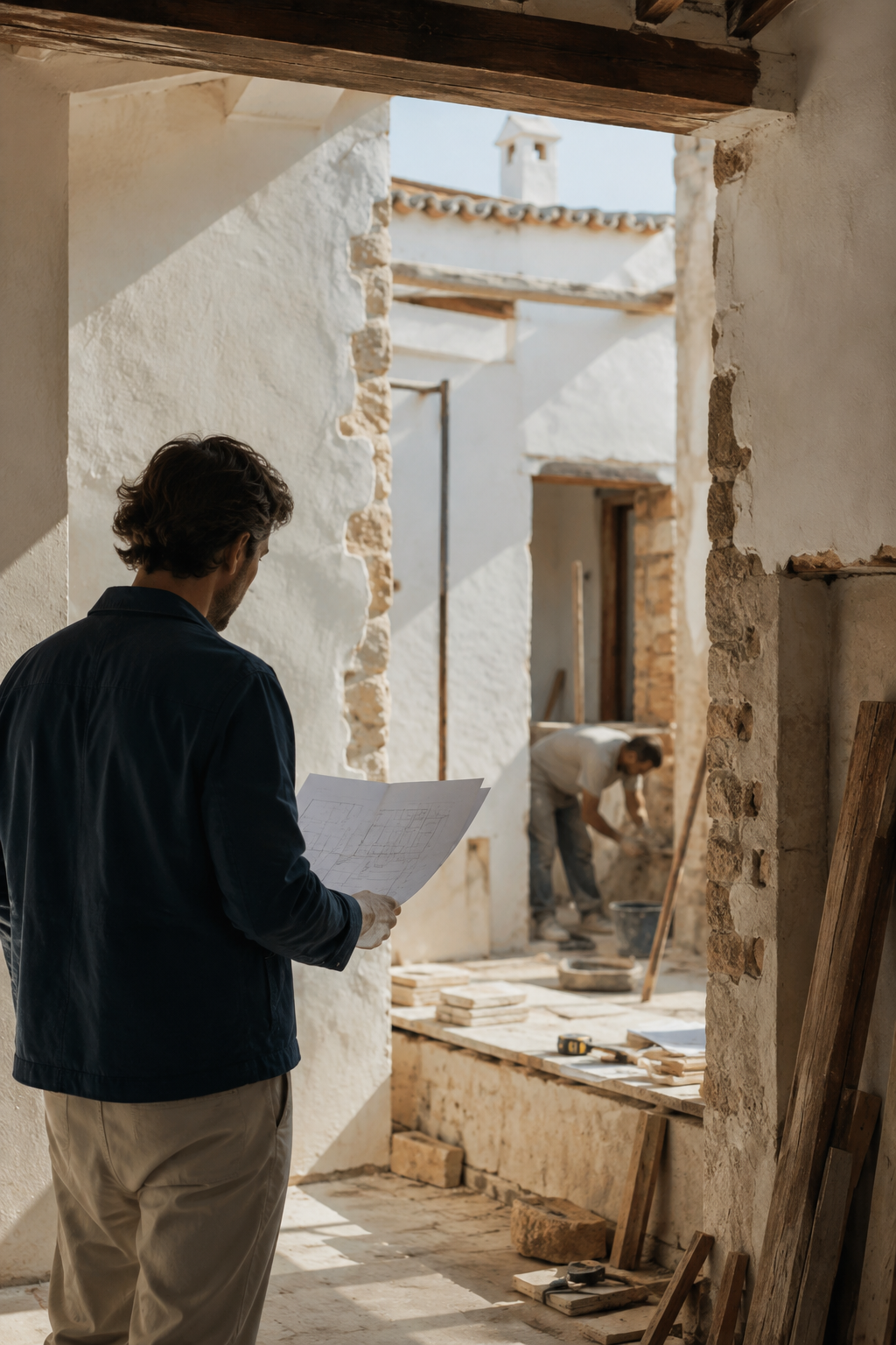 A man holding blueprints and inspecting a construction site with another worker in the background working on the building's wall.