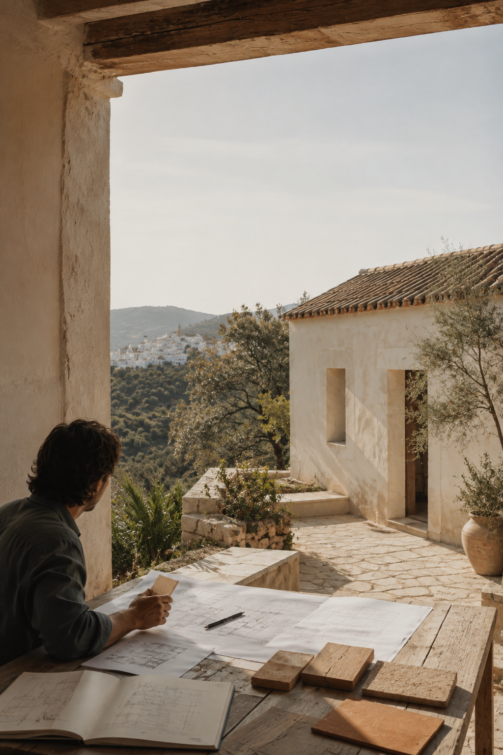 A man sitting at a rustic outdoor table reviewing architectural blueprints, with various building materials on the table, overlooking a Mediterranean-style village with rolling hills in the background.