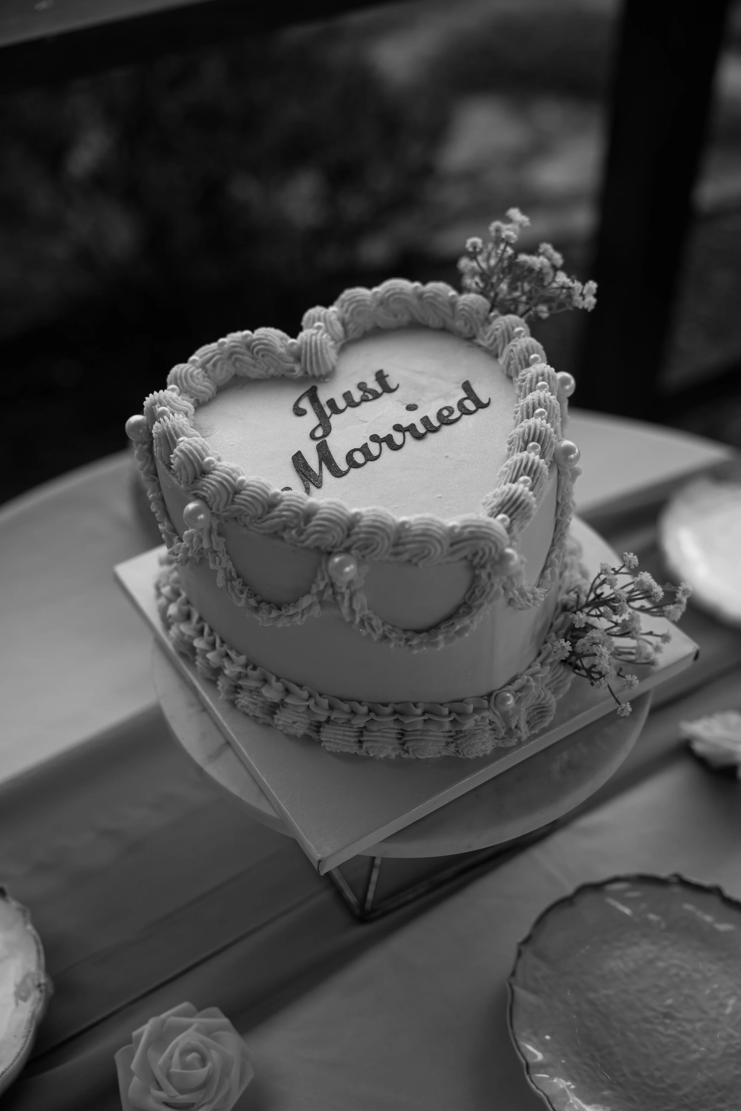 Just Married heart-shaped wedding cake from an Outdoor Wedding at Stonewood Events in Alachua, Florida captured by Florida Documentary Wedding Photographer Catherine Skelly