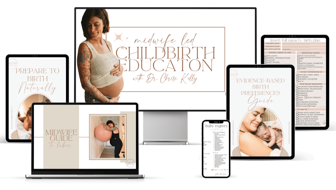 Digital display of materials about midwife-led childbirth education, including guides, birth plan, evidence-based birth preferences, and a prenatal class with Dr. Chris Kelly, featuring images of pregnant women and a woman carrying a large ball.