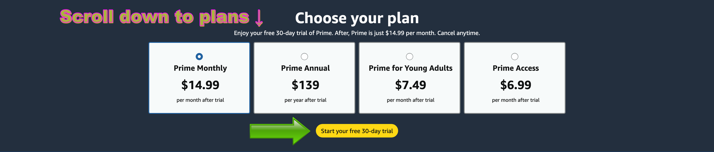 Go to the Choose Your Plan section and click Start your free 30-day trial