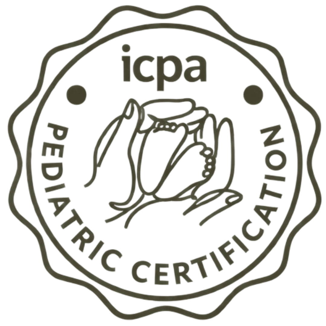 ICPA Pediatric Chiropractic Certification seal featuring a hand holding a small child