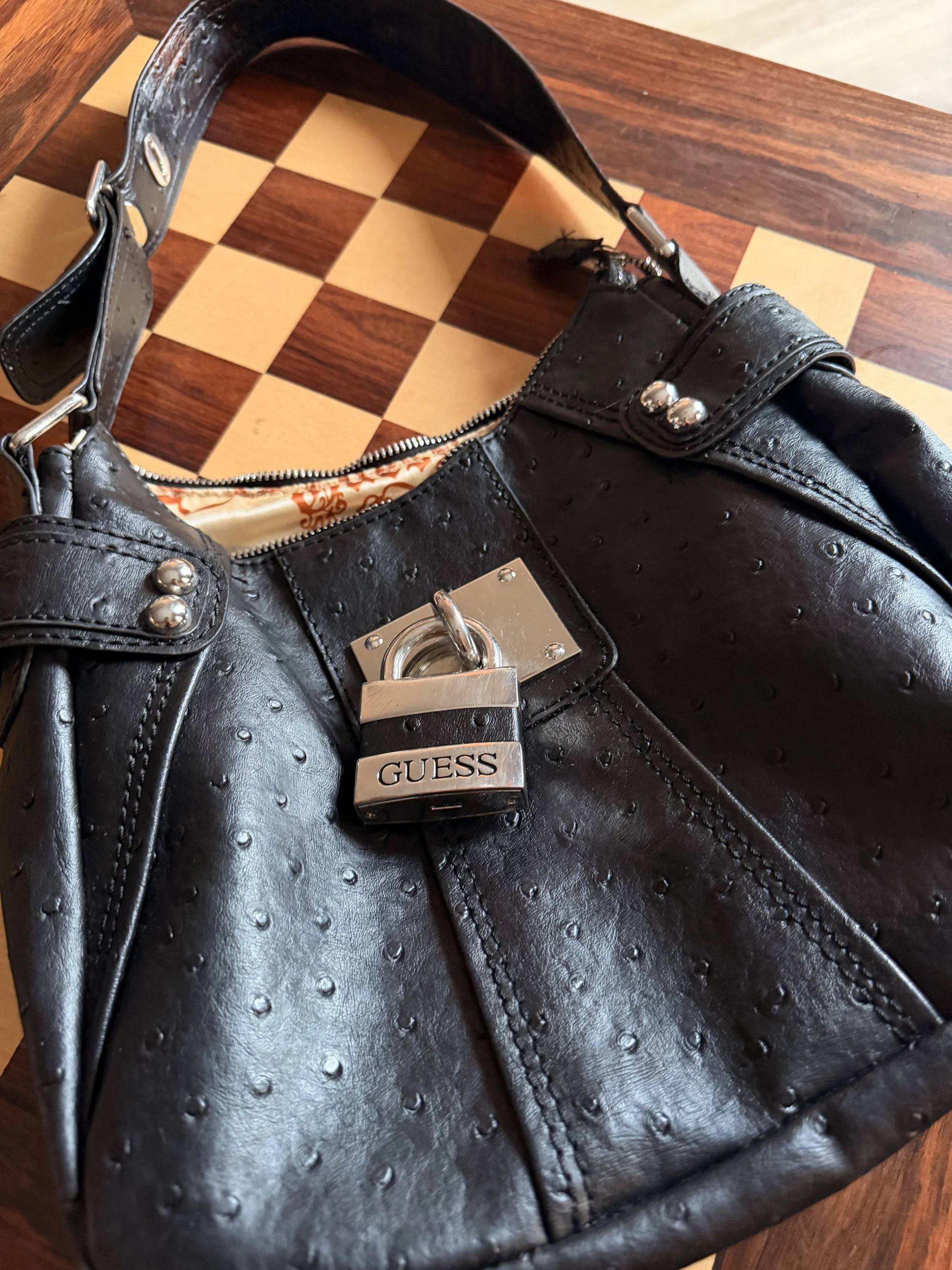 Y2K Guess Black Faux Ostrich Leather Hobo Bag