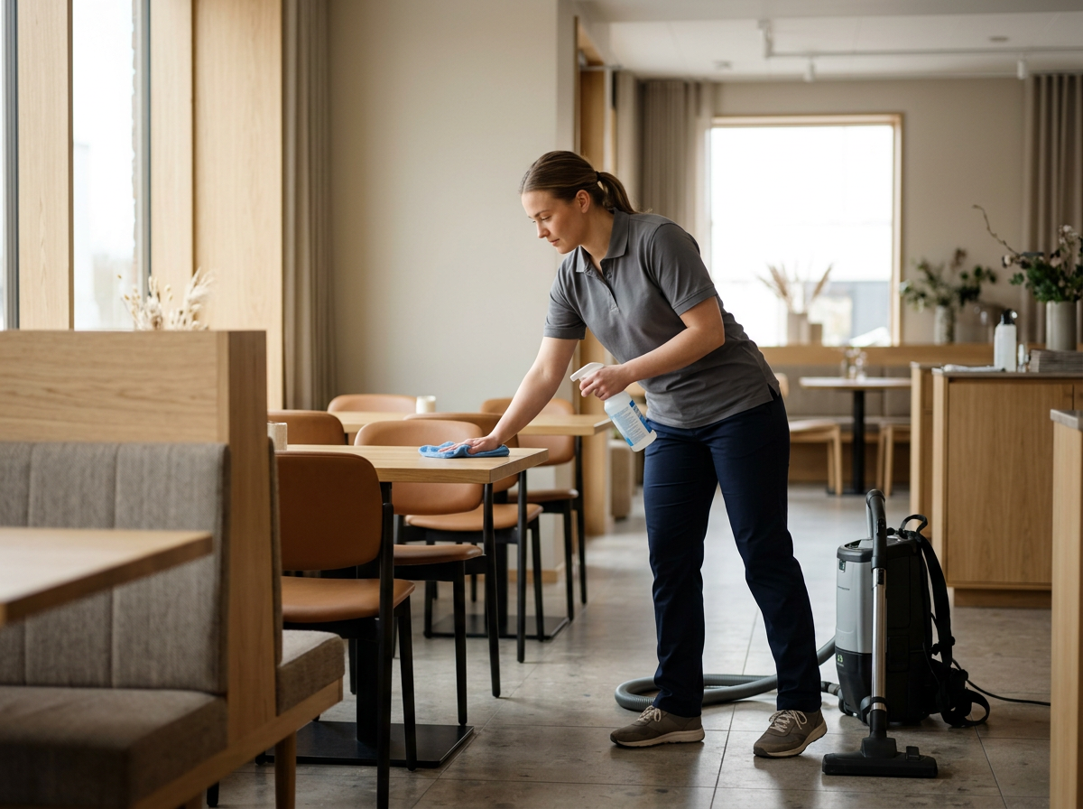 Kvinne vasker bord i et rom med spisestoler og store vinduer.