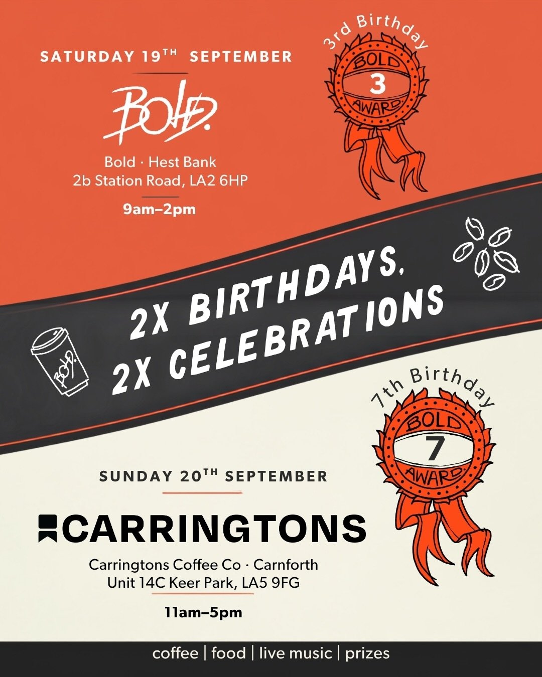 3 years of Bold, join us on Saturday 19th September for a celebration! 

And on Sunday, it&rsquo;s open house at HQ to celebrate 7 years since we roasted and sold our first bag of Carringtons coffee!

Thank you to everyone who we&rsquo;ve met along t