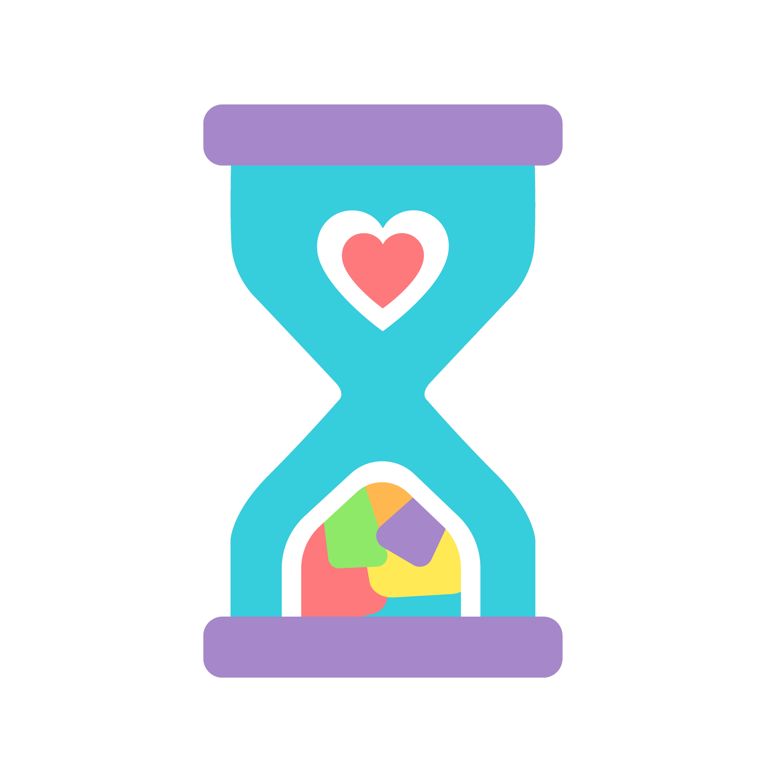 An illustration of an hourglass with a red heart in the top half and a pile of colorful sand in the bottom half. An icon meant to represent embracing aging.