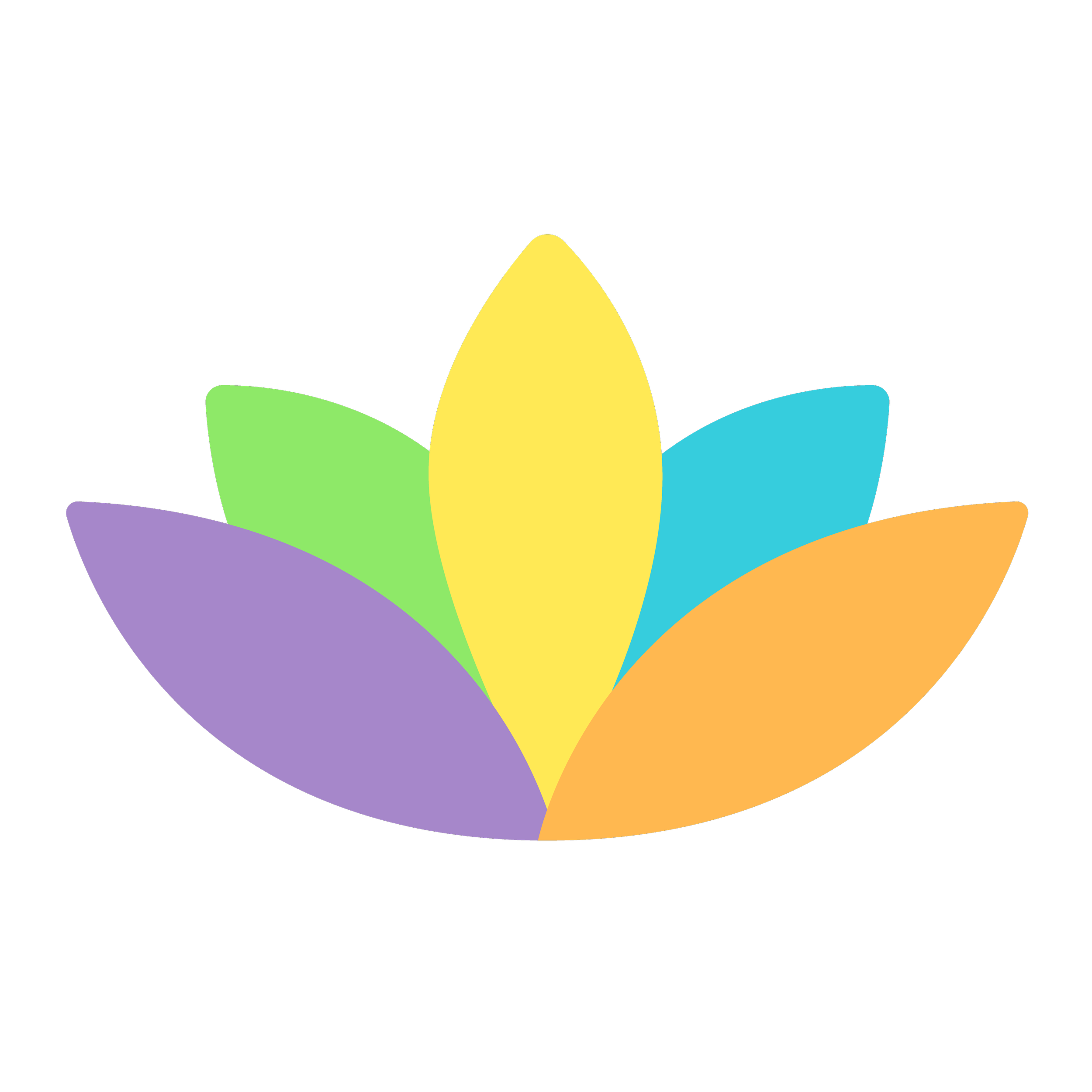 Colored abstract shape resembling a flower with petals in purple, green, yellow, blue, and orange. An icon meant to represent mindfulness.