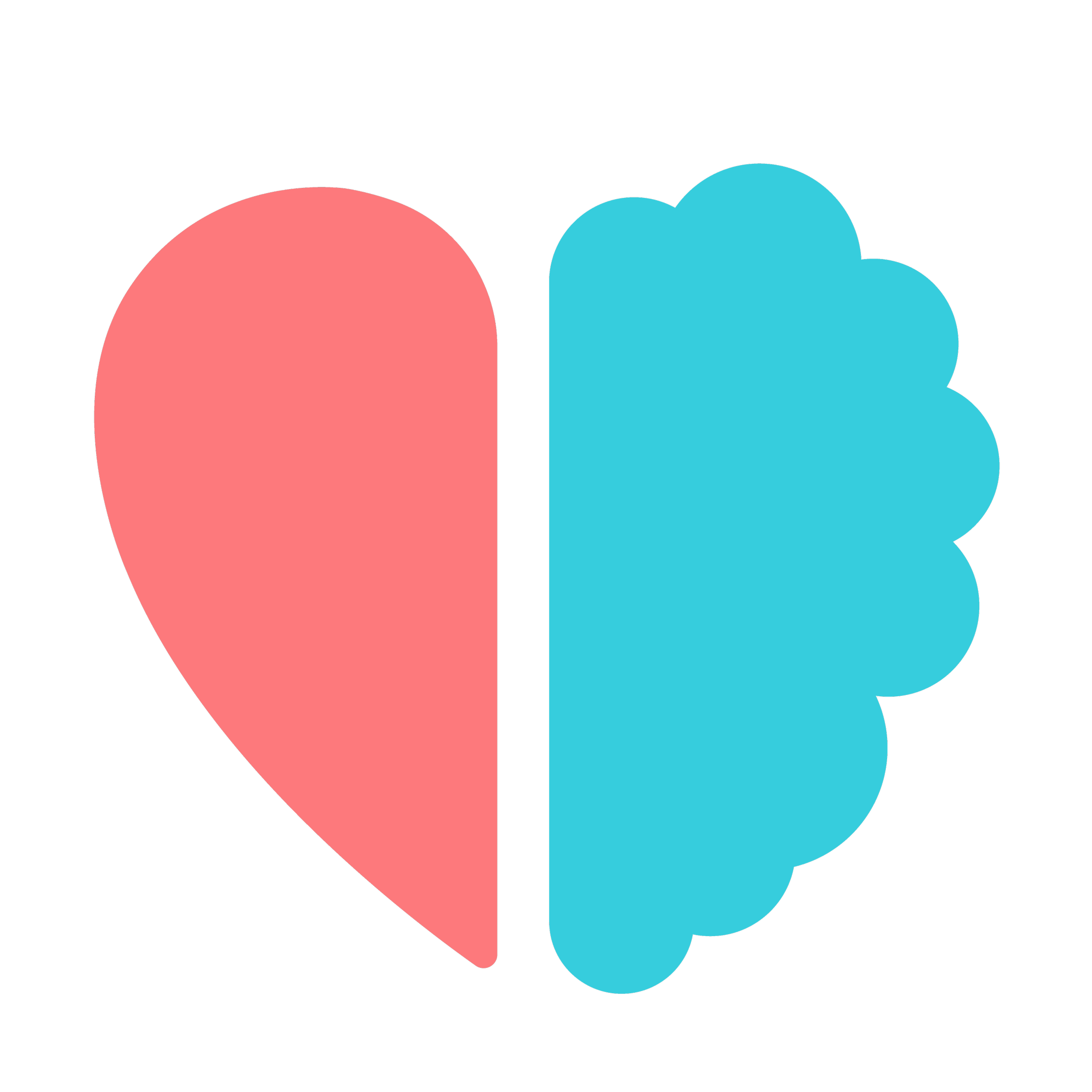 A heart shape split into two halves. The left half is a red heart, while the right half is a blue brain. An icon meant to represent a better relationship between our thoughts and feelings.