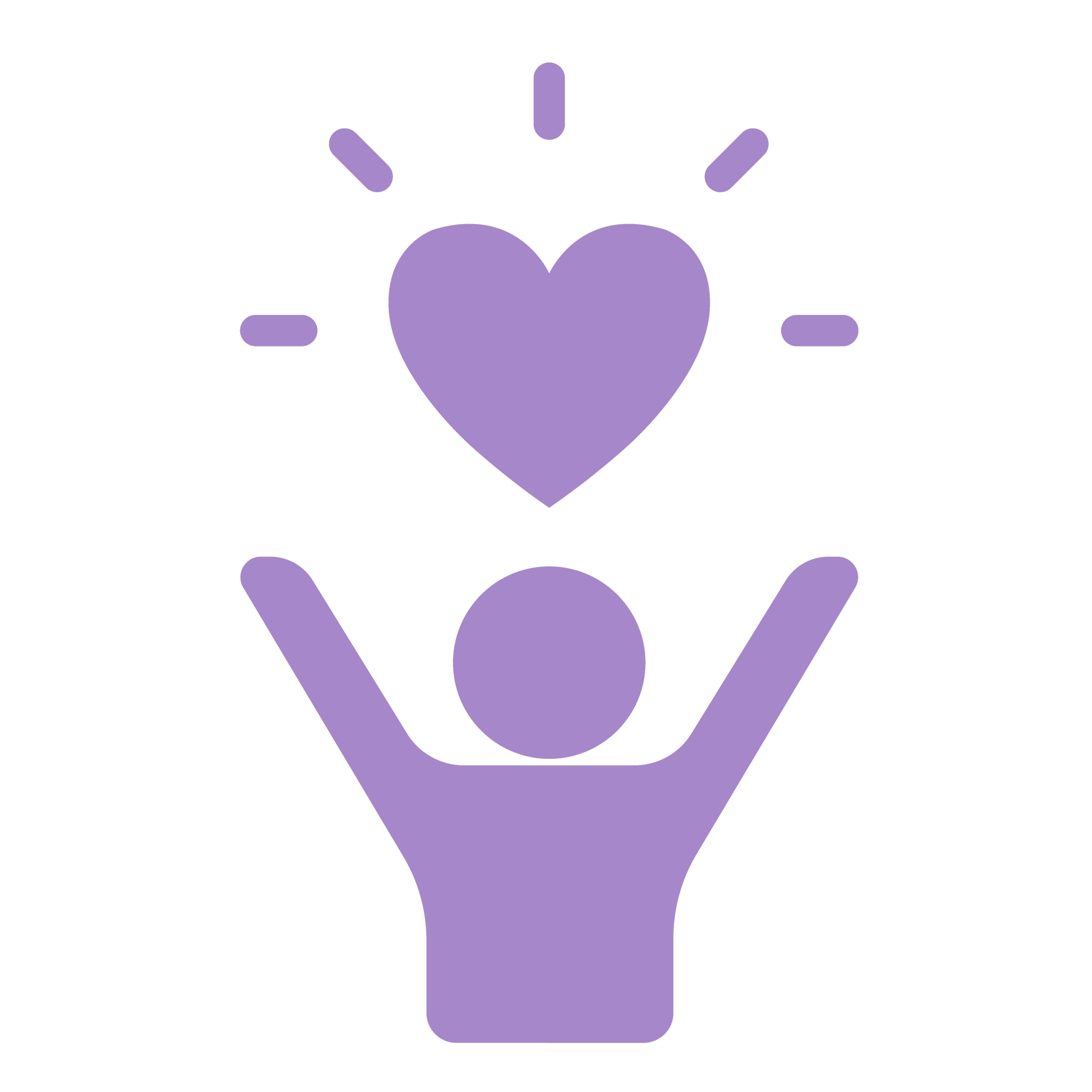 A purple figure of a person with their arms above their head, holding a heart. An icon meant to represent building a life you value.