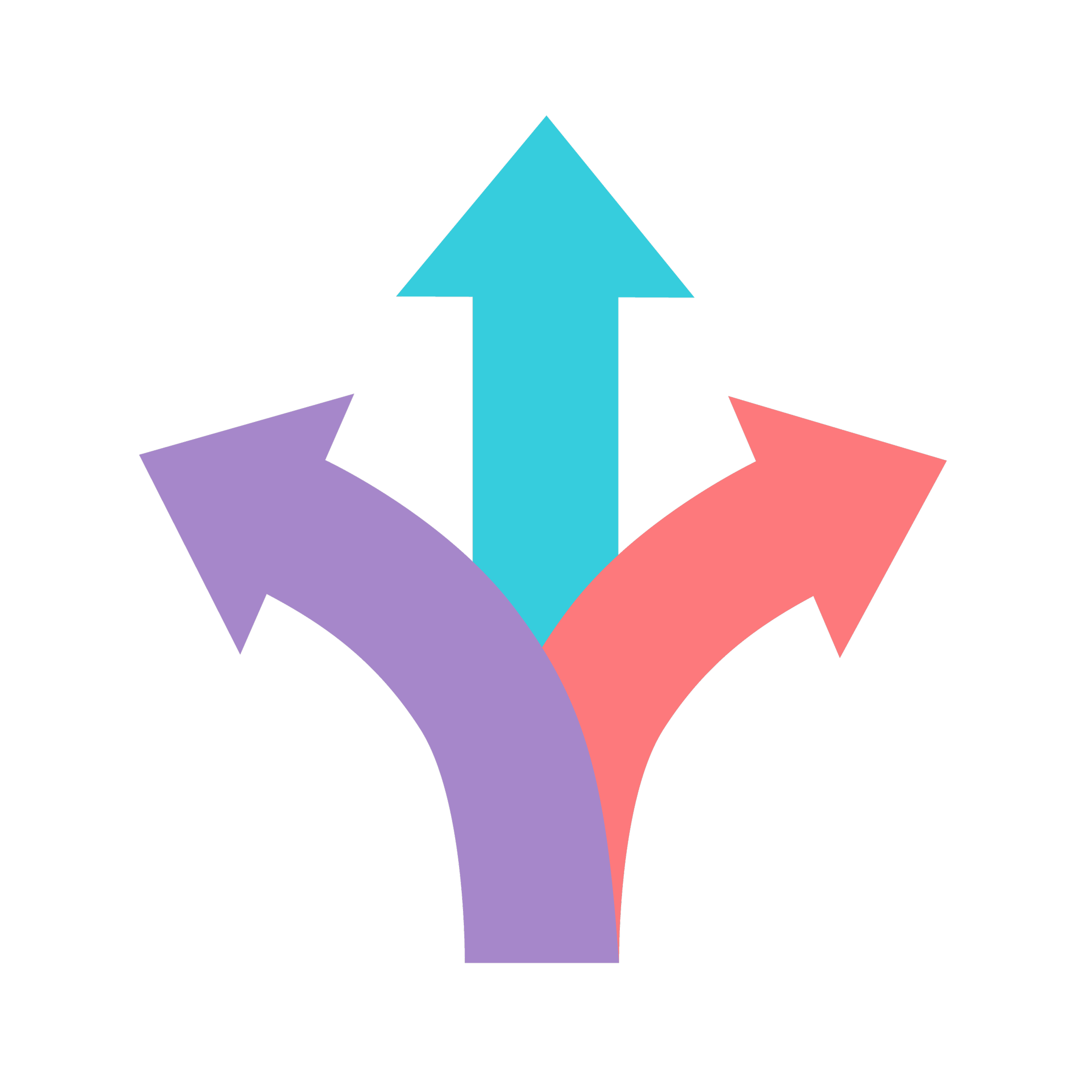 Three arrows pointing in different directions: upward in blue, left in purple, and right in red. An icon meant to represent embracing change.