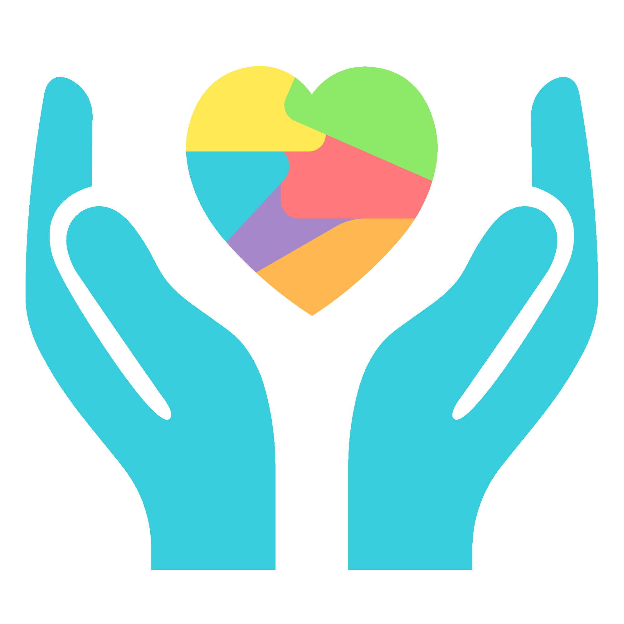 Two stylized blue hands gently holding a multicolored heart. An icon meant to represent grief.