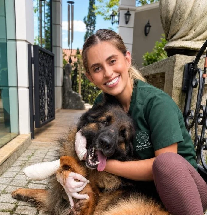 Mulher sorridente com uniforme de veterinária abraçando um cachorro grande na rua.