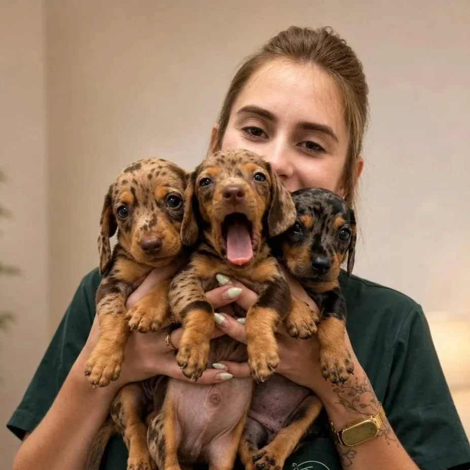 Pessoa segurando três filhotes de cachorro vira-lata, um deles com a boca aberta, em um ambiente interno bem iluminado.