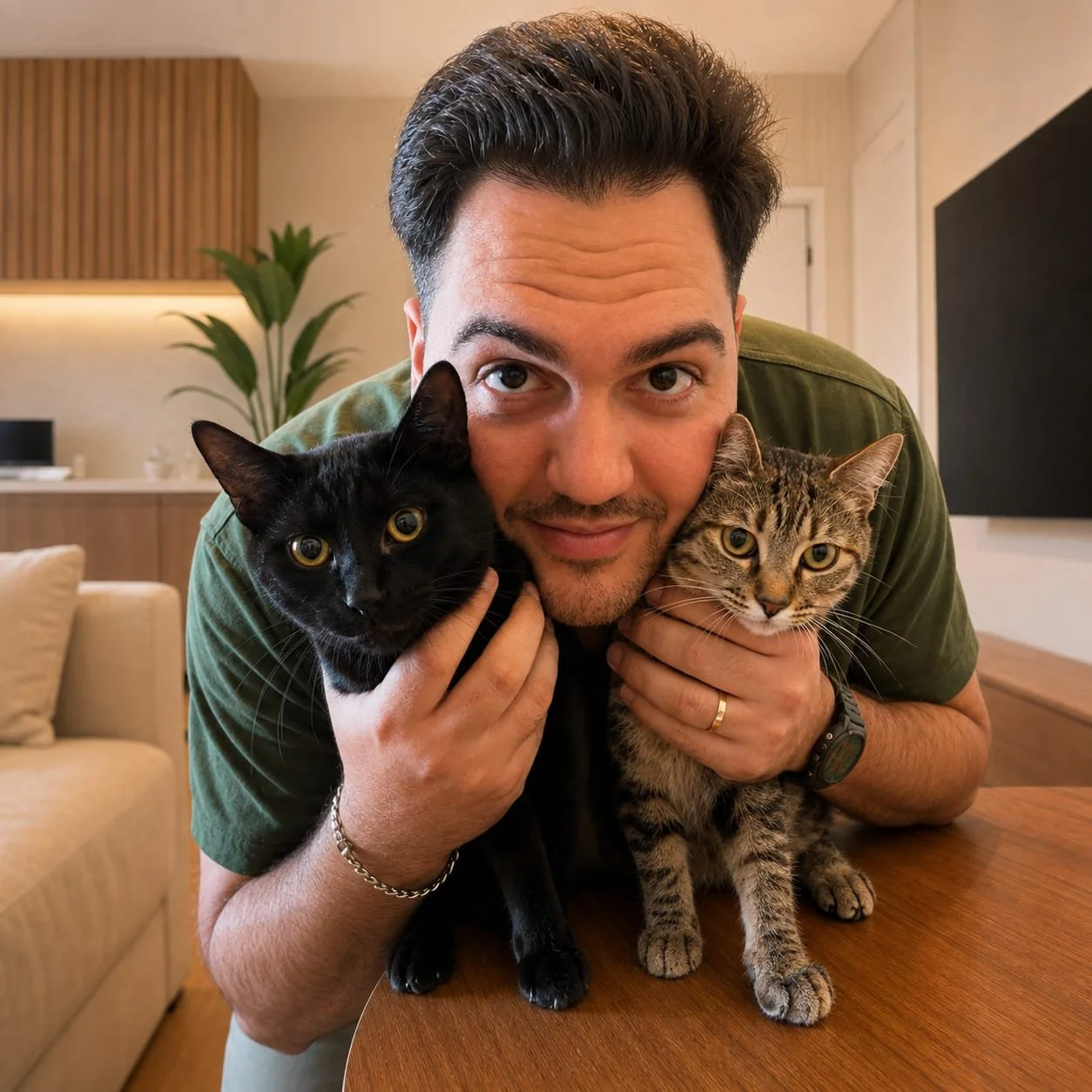 Homem segurando dois gatos, um preto e um marrom com listras, em um ambiente moderno de sala de estar.