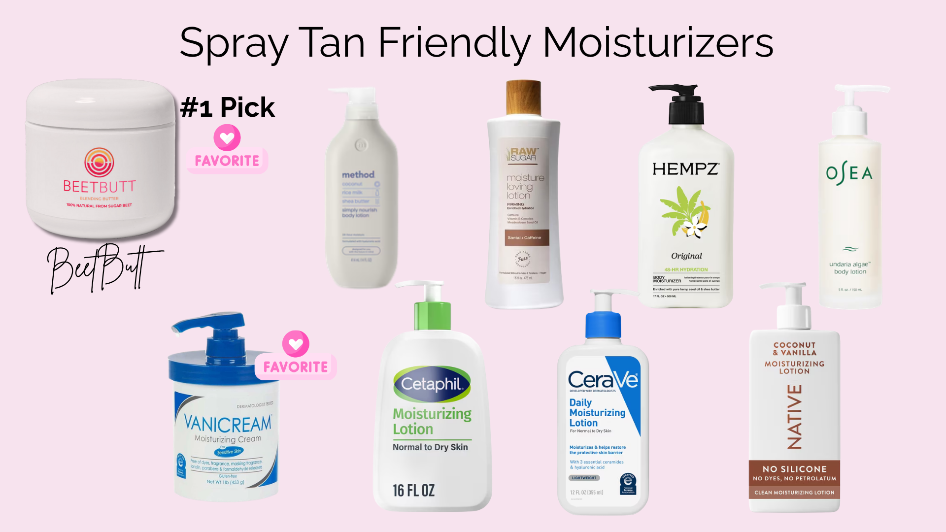 A collection of spray tan friendly moisturizers on a pink background, labeled as the #1 pick and favorite, including brands like BeetButt, Method, Raw Sugar, Hempz, Osea, Vanicream, Cetaphil, CeraVe, and Native.