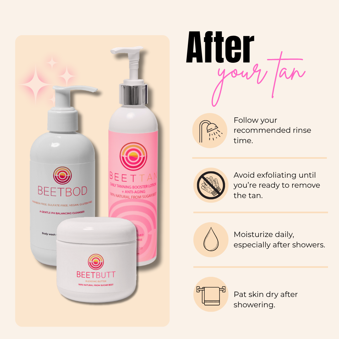 Spraytan skincare products with instructions for post-tan care. Includes a bottle of body wash, a bottle of tanning lotion, and a jar of butter, with tips for rinsing, exfoliating, moisturizing, and patting skin dry.