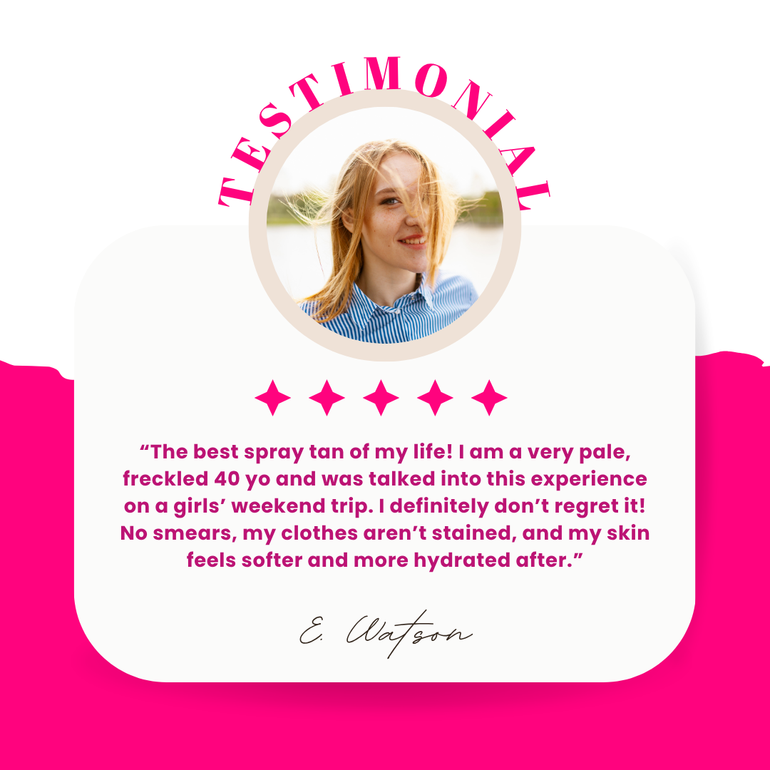 A testimonial card for a spray tan service featuring a smiling woman with blonde hair and a blue striped shirt, with pink text and stars, and a quote about her positive experience with the spray tan.