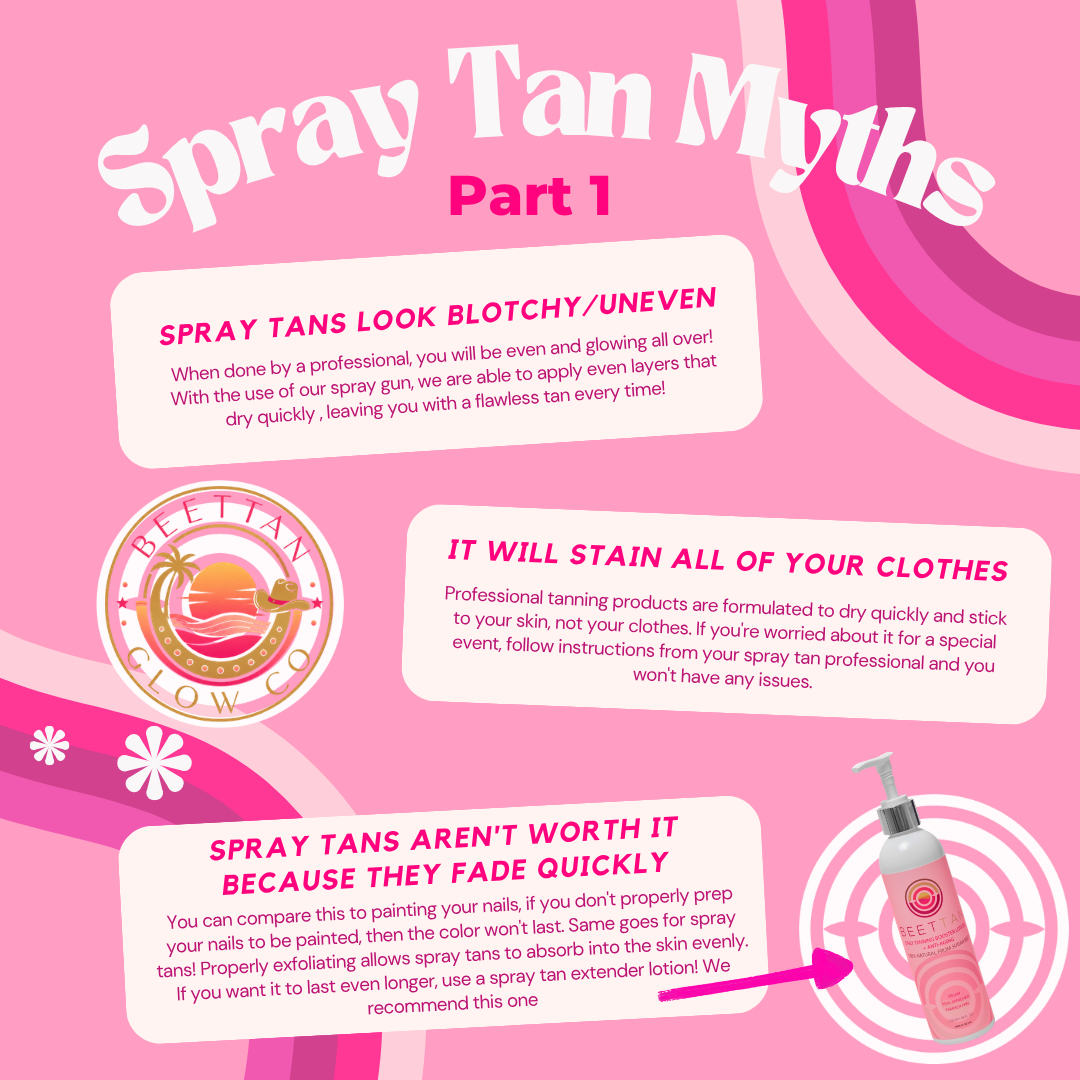 Pink infographic explaining spray tan myths, with a logo of a sunset, palm trees, and a beach scene, and a picture of a spray tan bottle with pump on the bottom right.
