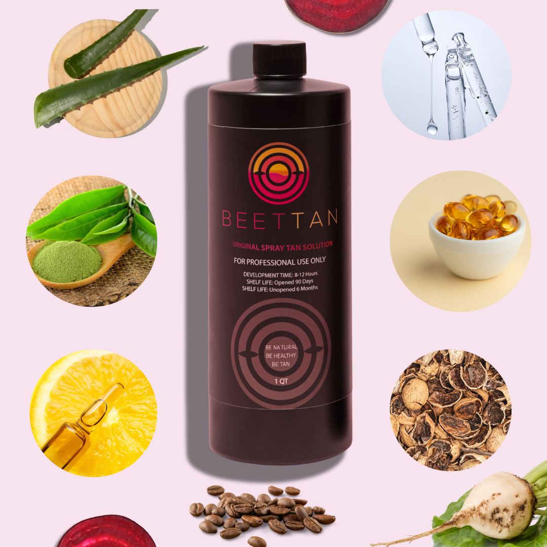 Bottle of BEETTAN spray tan solution surrounded by aloe vera, grapefruit, honey, rose, seeds, and other natural ingredients.
