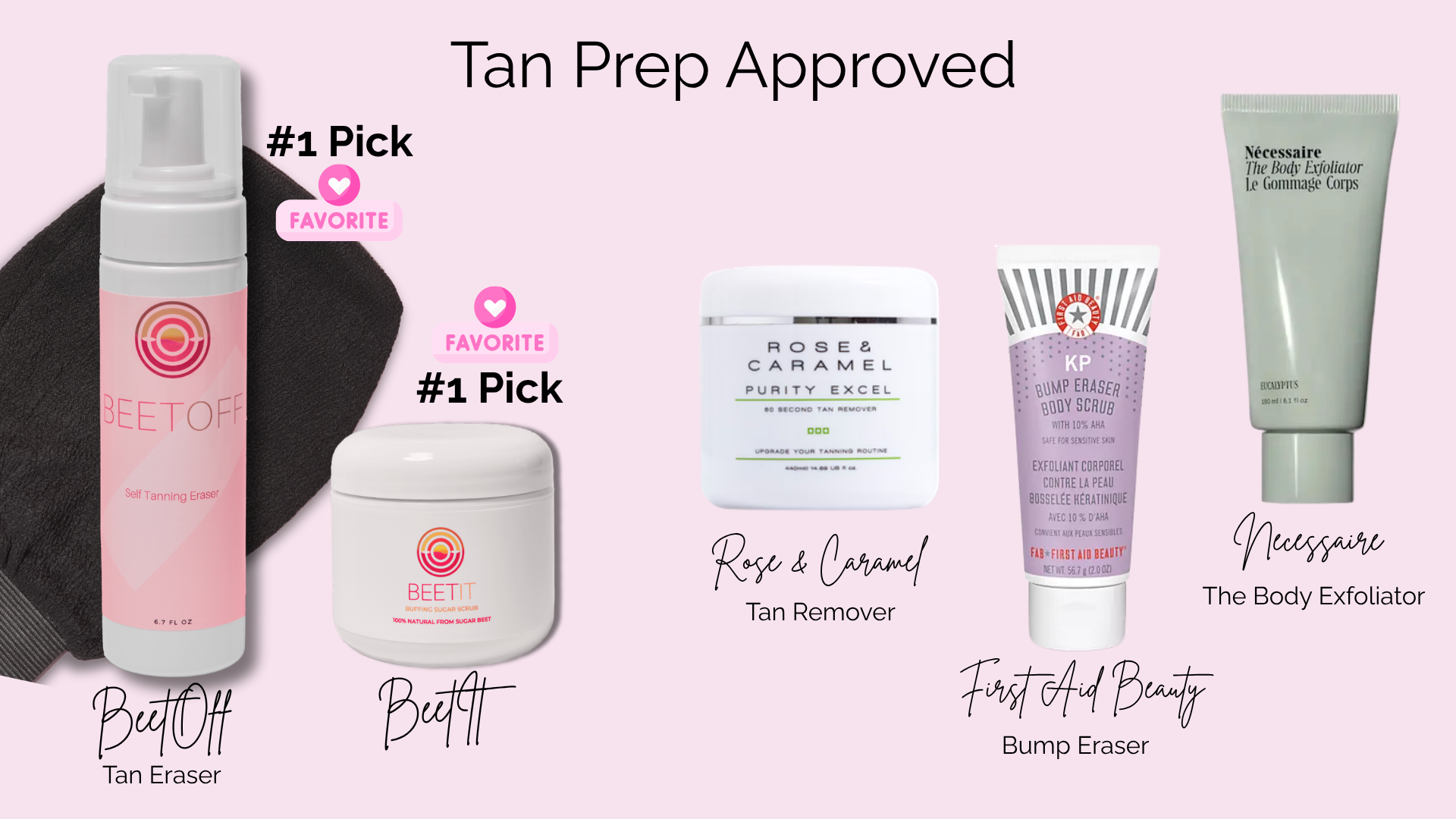 Collection of spray tan products for preparing skin for tanning, including self-tanning erasers, sugar scrubs, tan remover, body exfoliator, and body toner, displayed against a pink background.