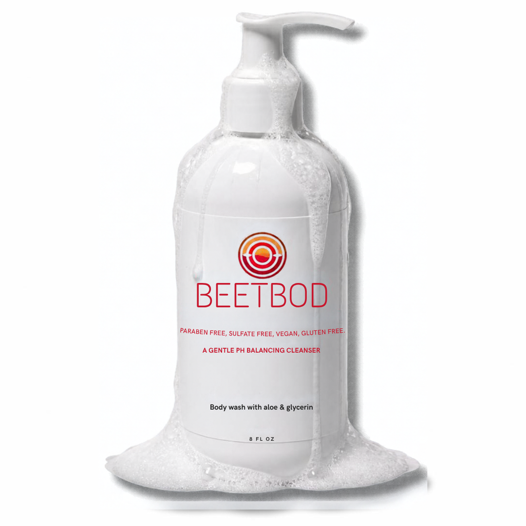 Bottle of Beetbod body wash with foam and bubbles around it