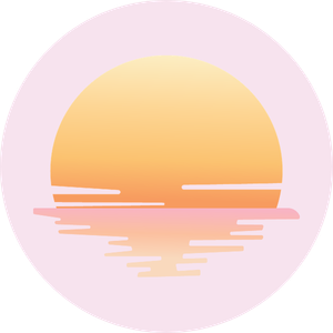 Sun setting over a body of water with reflected light, pastel colors.