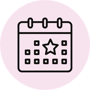 Calendar icon with a star in the center and small squares around it on a light pink background.