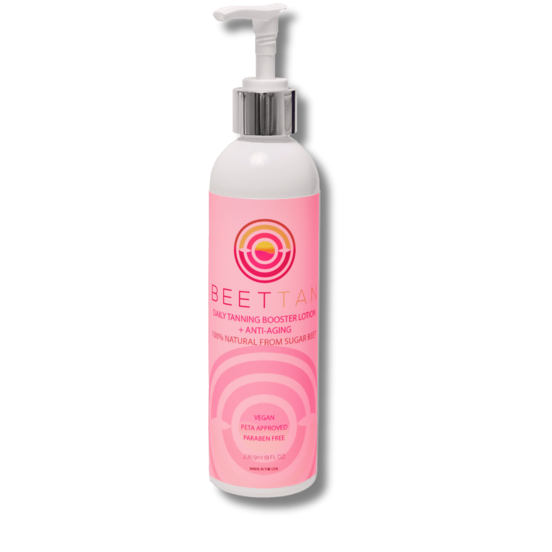 A pink bottle of Beettan daily tanning booster lotion with a pump dispenser, labeled as vegan, PETA approved, and paraben free, with a focus on natural ingredients from sugar beets.