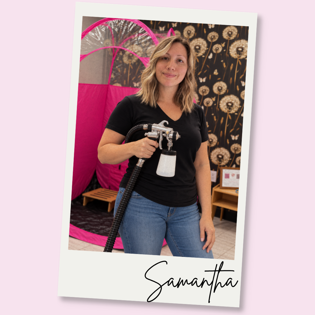 A woman with shoulder-length blonde hair holding a spray paint gun, standing in front of a pink pop-up tent and a wall with dandelion and butterfly artwork, with her name 'Samantha' written at the bottom.