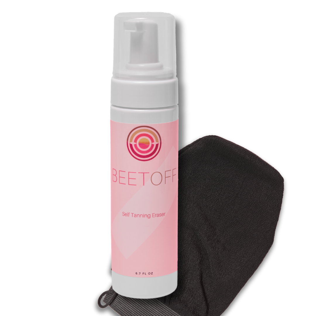 Bottle of BEET OFF self tanning eraser with a black applicator mitt.