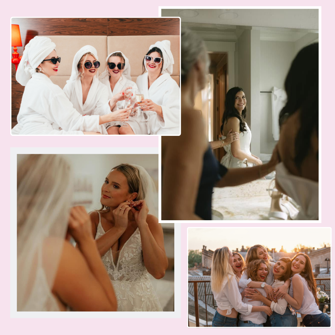 Collage of four photos from a wedding preparation and celebration. Top left shows four women in robes and towels on their heads, wearing sunglasses, toasting with glasses. Top right shows a woman in a white dress smiling in a mirror while her friends help her get ready. Bottom left is a close-up of a woman in a wedding dress adjusting her earring. Bottom right shows five women on a rooftop at sunset, hugging and smiling, celebrating.