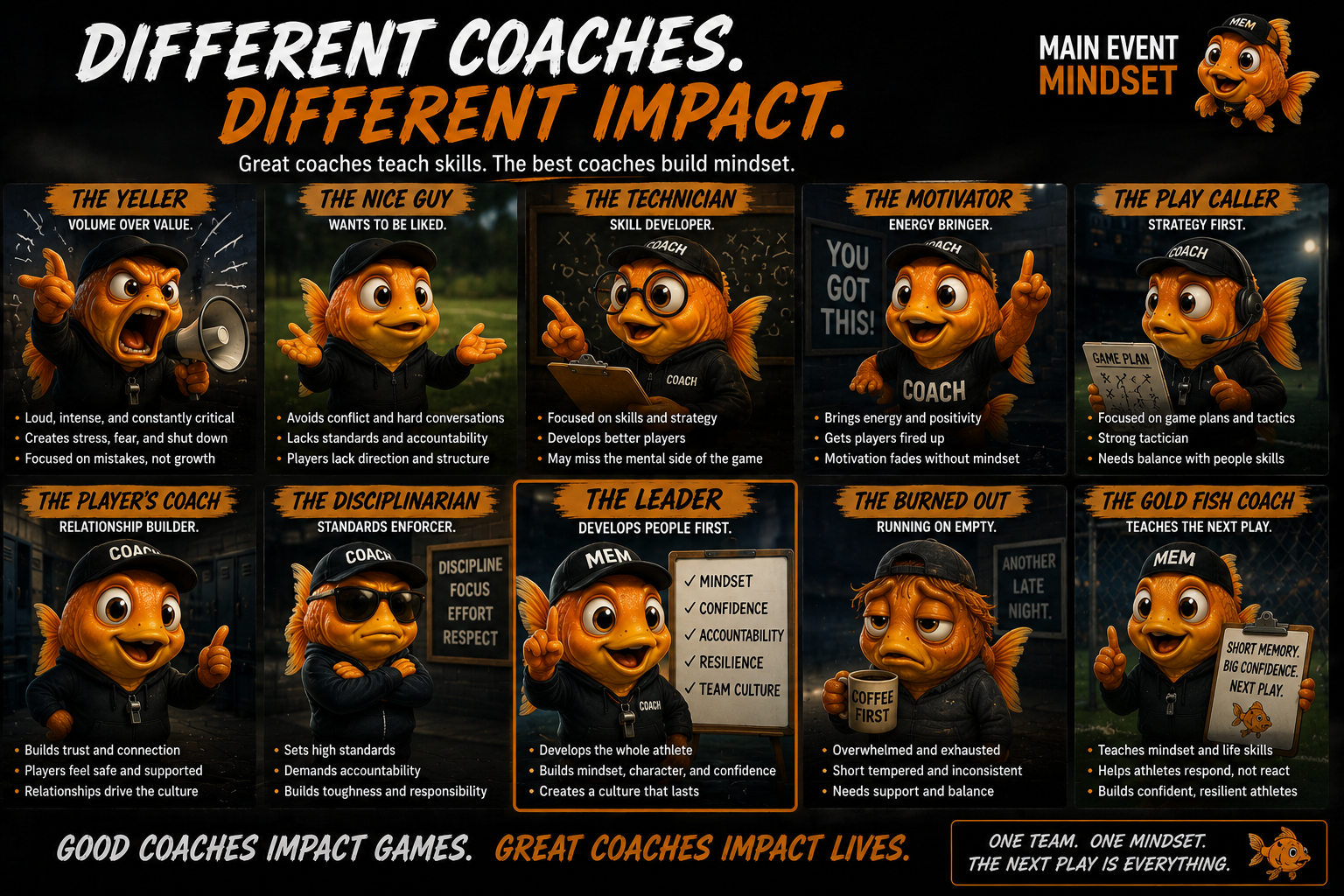 Infographic showing different types of coaches in sports, each with a fish cartoon character. The infographic is titled 'Different Coaches. Different Impact.' It features ten coach types: The Yeller, The Nice Guy, The Technician, The Motivator, The Play Caller, The Player's Coach, The Disciplinarian, The Leader, The Burned Out, and The Gold Fish Coach. Each coach type has a description of their traits and impact on players. The cartoon fish characters depict emotions and behaviors of each coaching style. The bottom has a message: 'Good coaches impact games. Great coaches impact lives.'