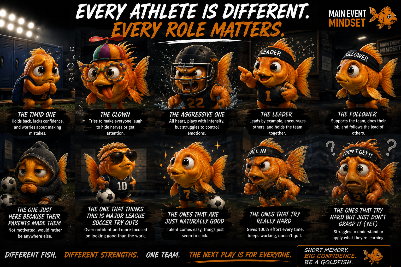 A poster featuring cartoon goldfish with different athletic roles and traits, titled 'Every Athlete is Different. Every Role Matters.' The roles include the timid one, clown, aggressive, leader, follower, and others, each with a description of traits. The background has a dark, industrial look with lockers and a sports setting.