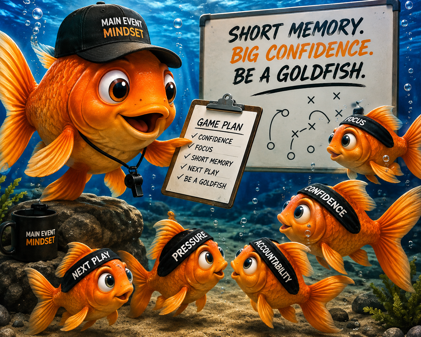 Animated orange goldfish characters with black headbands labeled confidence, focus, pressure, accountability, and next play, and a larger goldfish wearing a black cap labeled Main Event Mindset, teaching a game plan about confidence, focus, short memory, next play, and being a goldfish in an underwater setting.