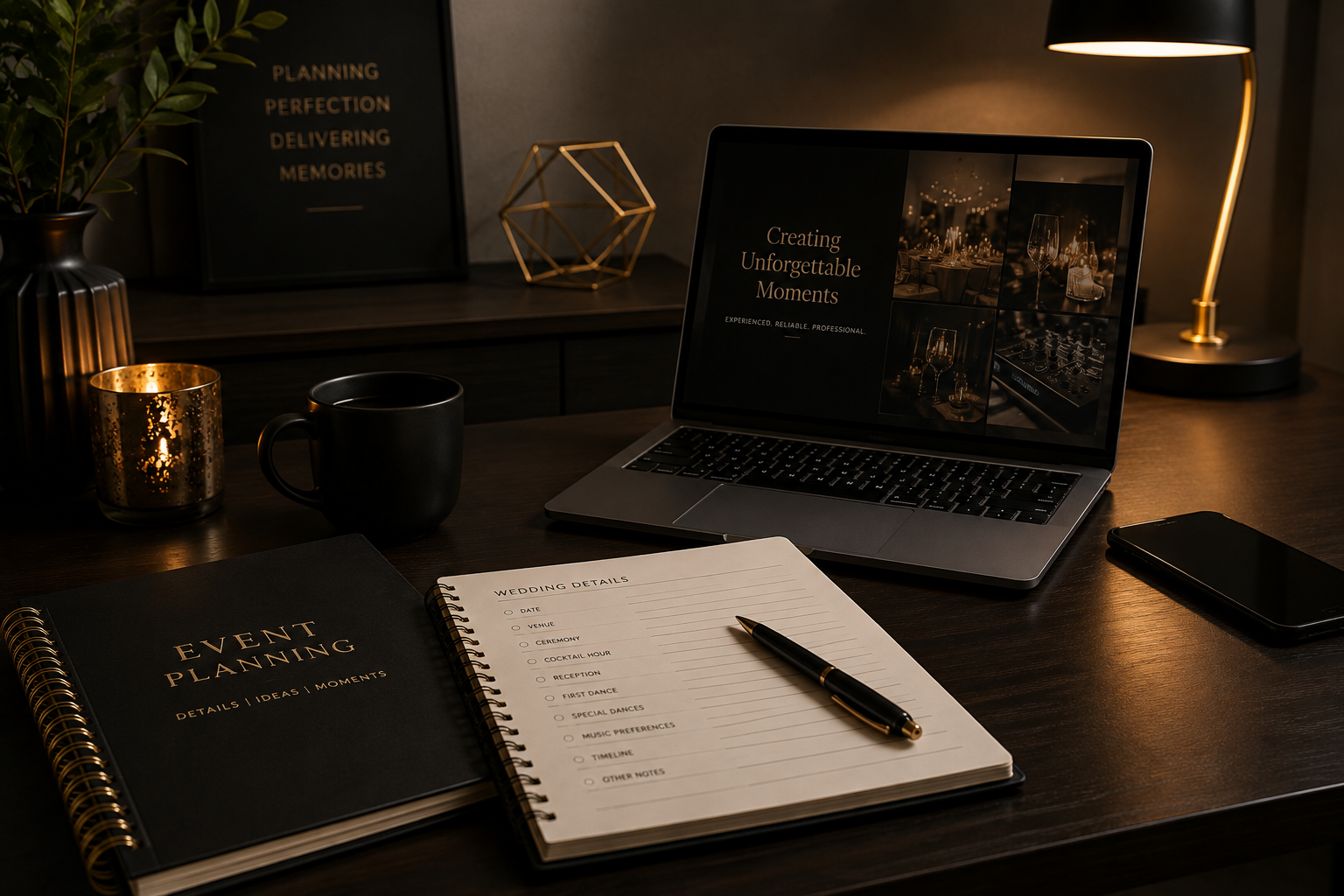 Event planning workspace with a laptop, planner, wedding details checklist, phone and desk accessories.
