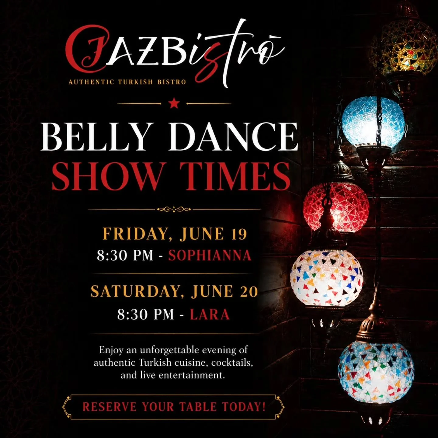 Experience the magic of an evening at CazBistro.

Join us for authentic Turkish cuisine, handcrafted cocktails, and captivating belly dance performances by Sophianna and Lara.

Reserve your table today and make your night unforgettable.

#BaltimoreRe