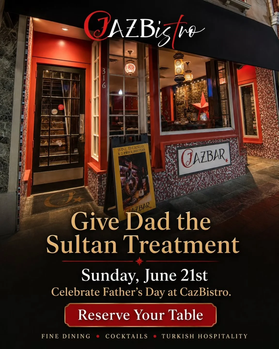 Give Dad the Sultan Treatment 👑

Celebrate Father's Day at CazBistro with exceptional cuisine, handcrafted cocktails, and the warm hospitality we're known for.

Make this Father's Day one to remember.
Reserve your table today. ❤️

#FathersDay #CazBi